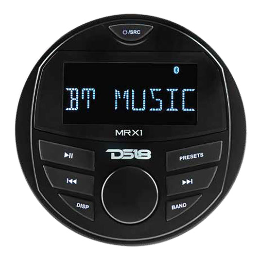 DS18 Marine Stereo MRX1 with a round black face, digital display, and control buttons for AM/FM/Bluetooth functions.