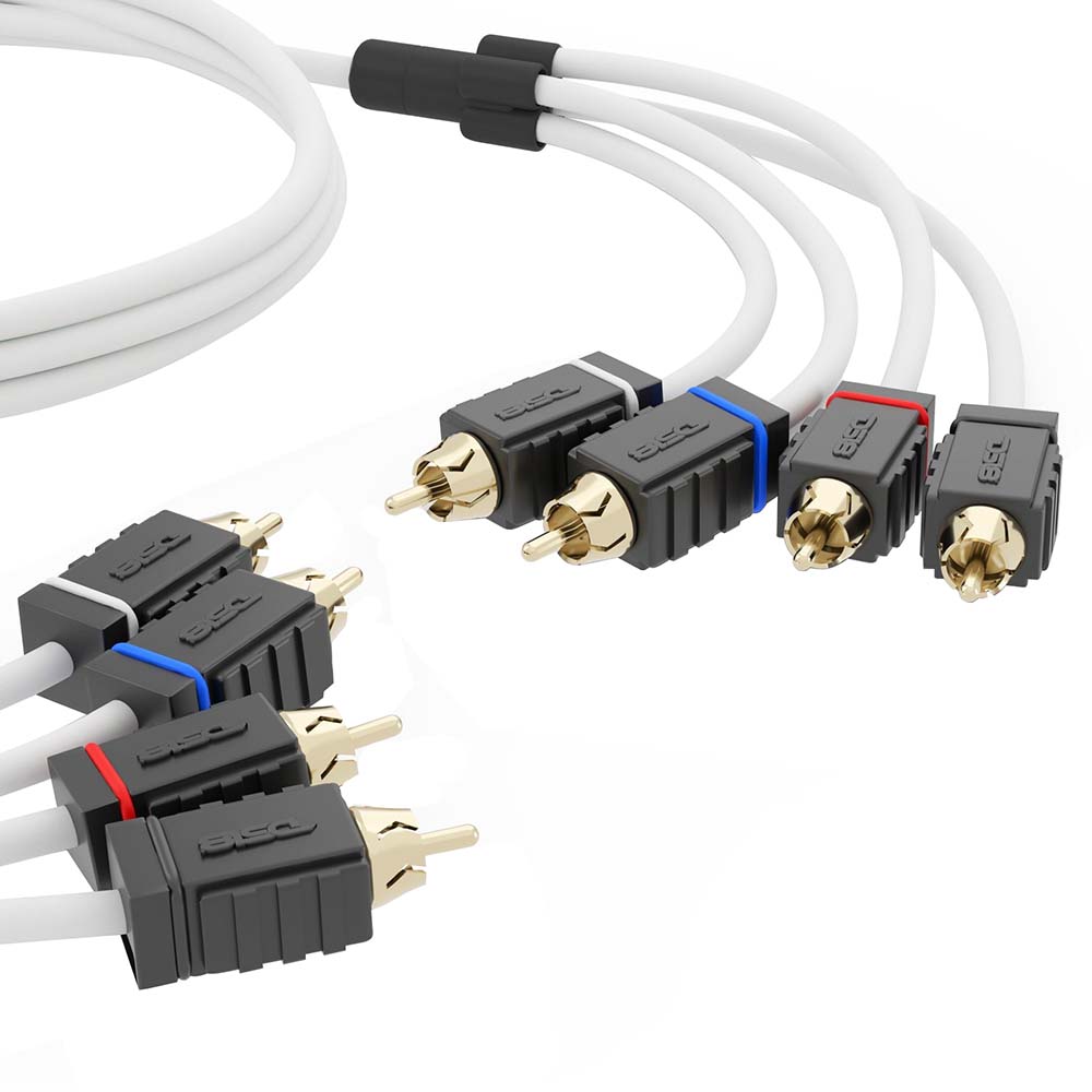 DS18 Marine Tinned OFC RCA Cable - 4 Channel - 25FT with four color-coded connectors and white cable for marine audio systems
