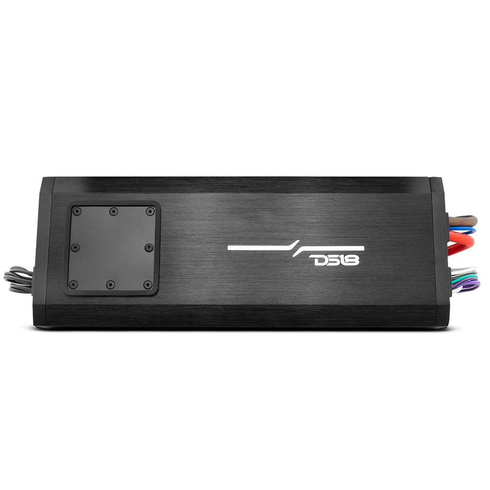 DS18 NXL-X1200.5D 5-Channel Marine Amplifier with a sleek black finish and multiple wiring connections.