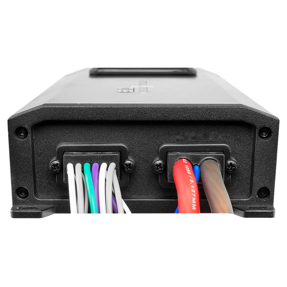 DS18 HYDRO 6 Channel Full-Range Class D Waterproof Marine Amplifier with wiring connections at the rear.