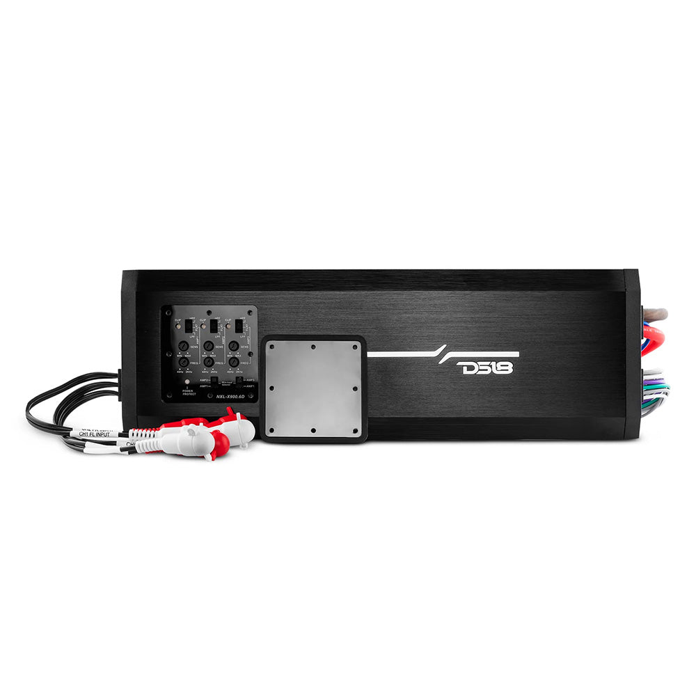 DS18 HYDRO 6 Channel Full-Range Class D Waterproof Marine Amplifier with multiple input/output connections and robust design.