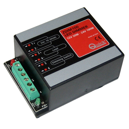 Quick ZDIM100 LED Dimmer with input voltage 10-30V DC, supports up to 50W on 12V and 100W on 24V, featuring a dimming switch.