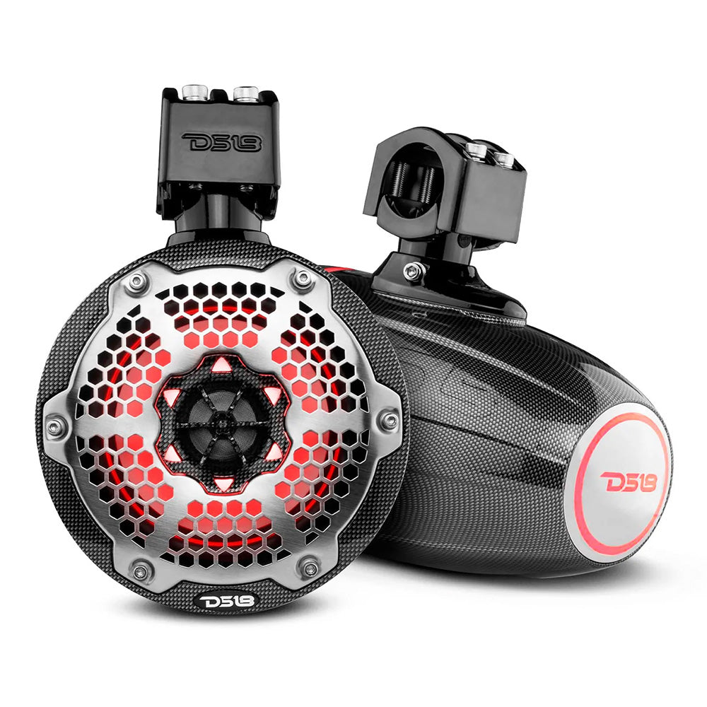 DS18 X Series HYDRO 6.5" Wakeboard Pod Tower Speaker in black carbon fiber with RGB LED lights and a sleek design.