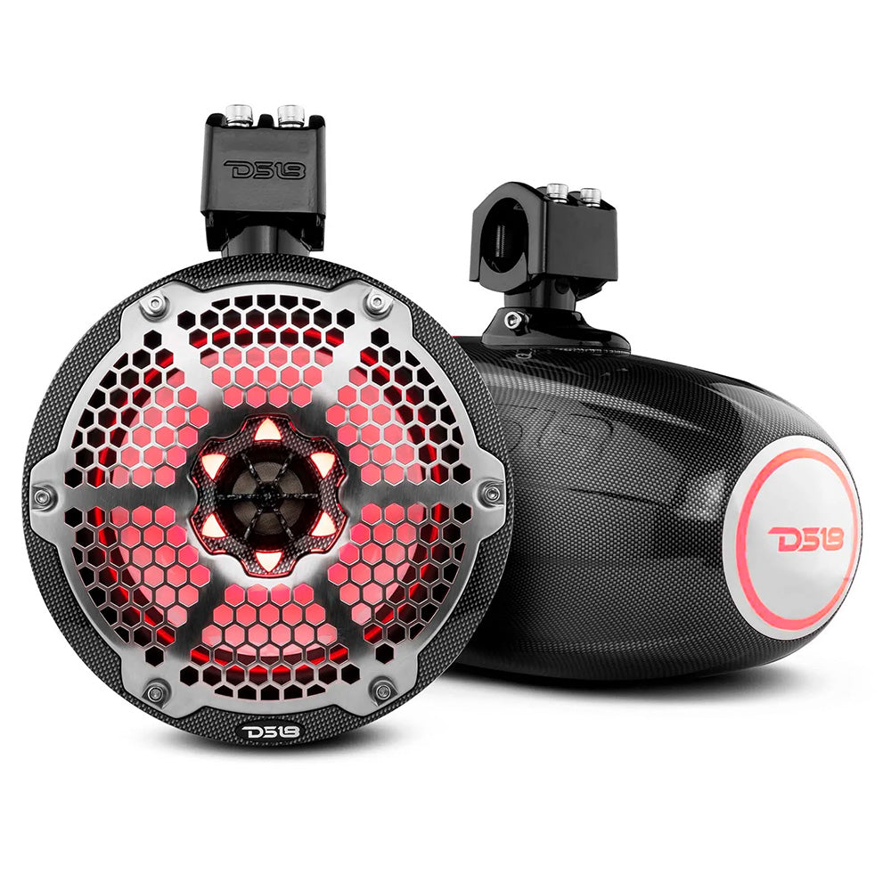 DS18 X Series HYDRO 8" Wakeboard Pod Tower Speaker in black carbon fiber with RGB LED lights and mounting brackets.