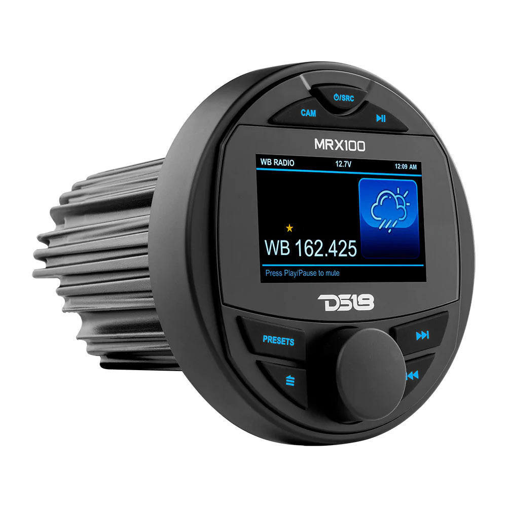 DS18 MRX100 2 Zone Marine Head Unit with TFT LCD screen, featuring a sleek design and easy-to-use controls.