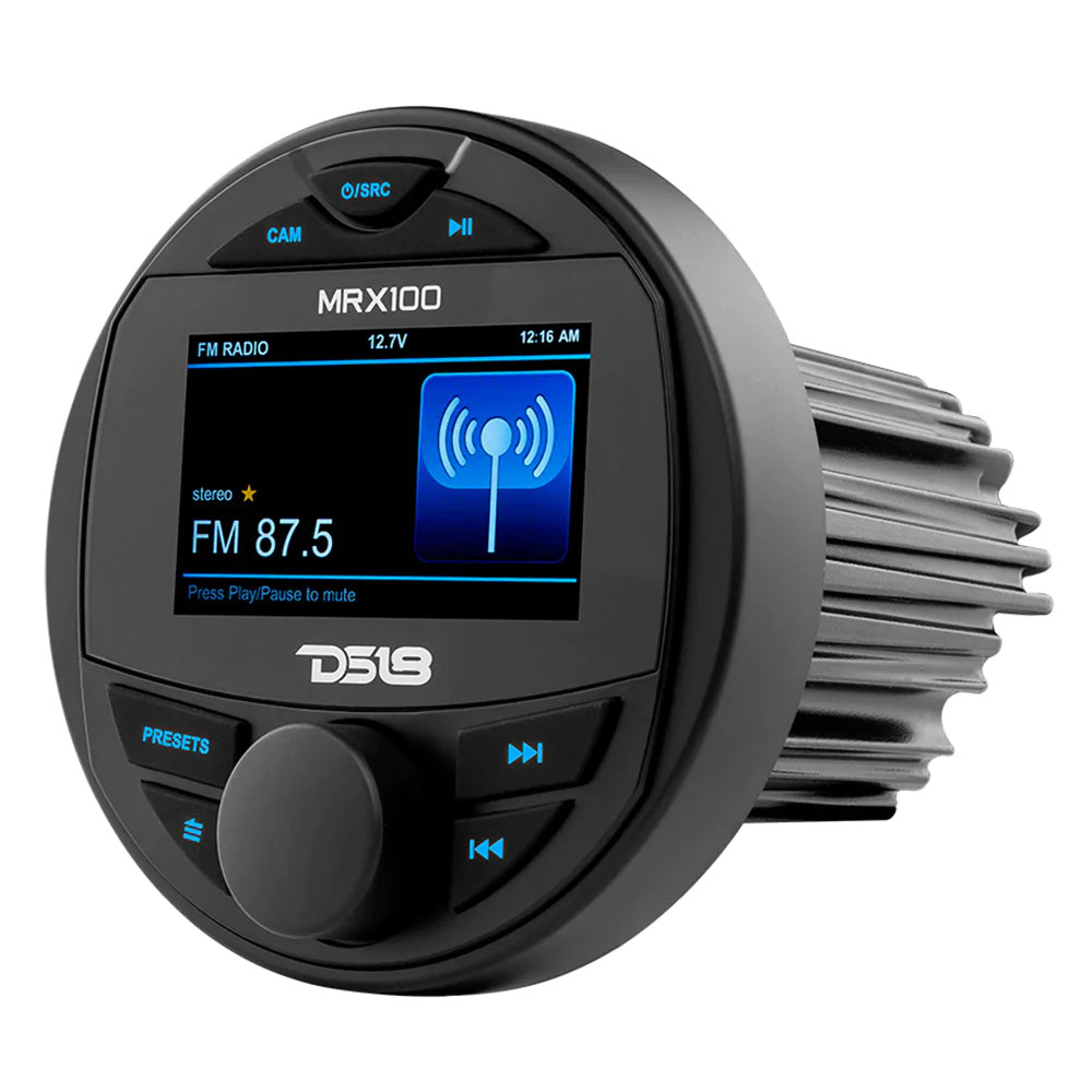 DS18 MRX100 2 Zone Marine Head Unit with TFT LCD screen, featuring controls and FM radio display. 4x50 Watts Max.