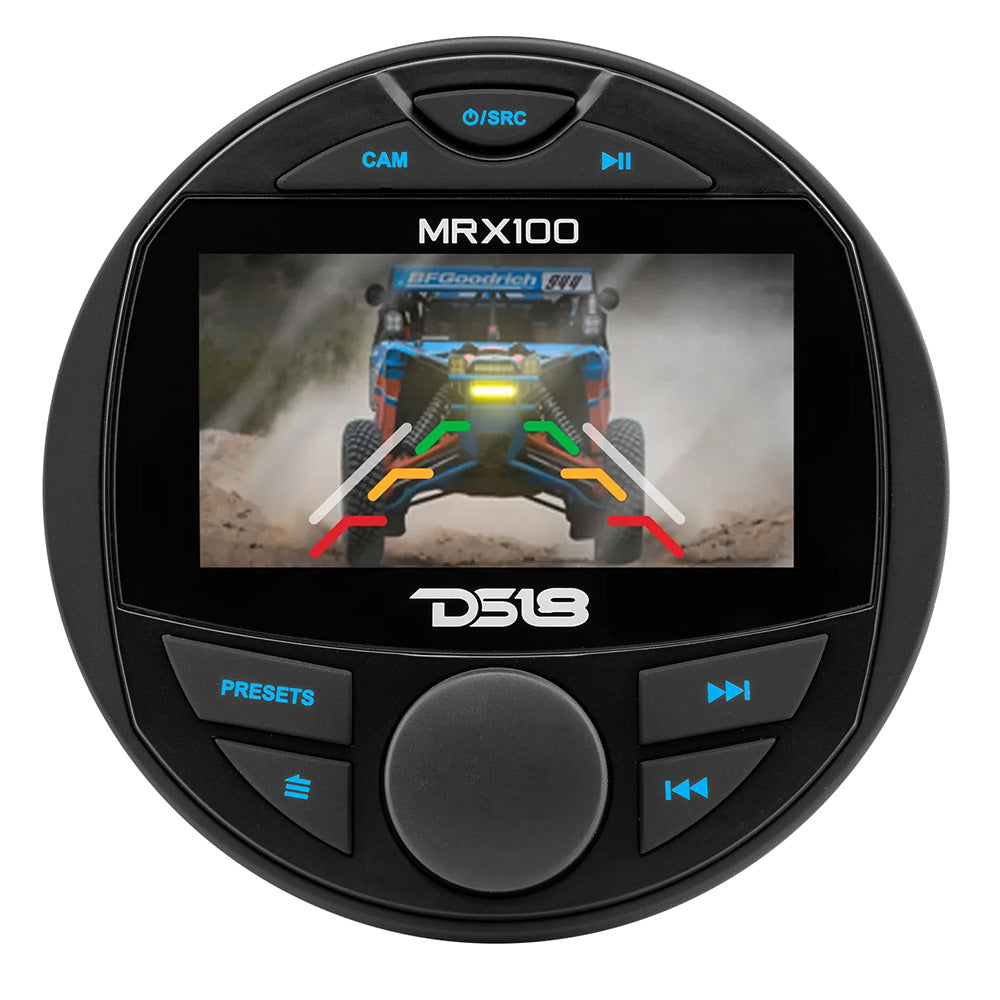 DS18 MRX100 2 Zone Marine Head Unit with TFT LCD screen, featuring colorful display and control buttons for audio settings.