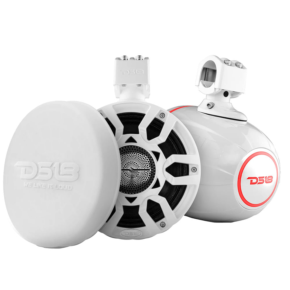 DS18 HYDRO 8" Marine Tower Speakers in white with RGB LED lights, featuring a sleek design and robust audio components.
