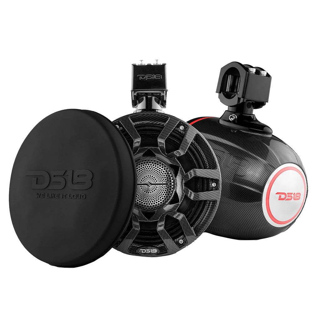 DS18 HYDRO 8" Marine Tower Speakers featuring carbon fiber design and RGB LED lights for enhanced audio experiences.