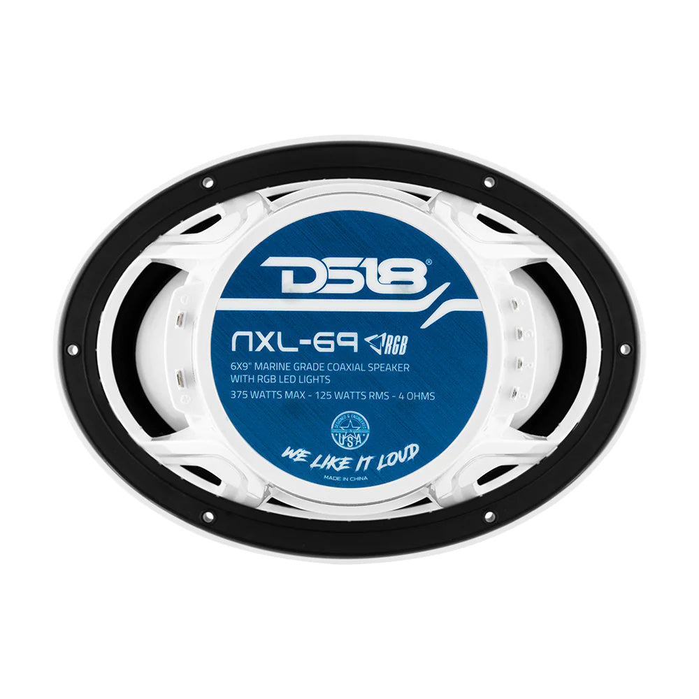 DS18 HYDRO 6 x 9" 2-Way Marine Speaker in white with integrated RGB LED lights and a blue label, 375W max power.