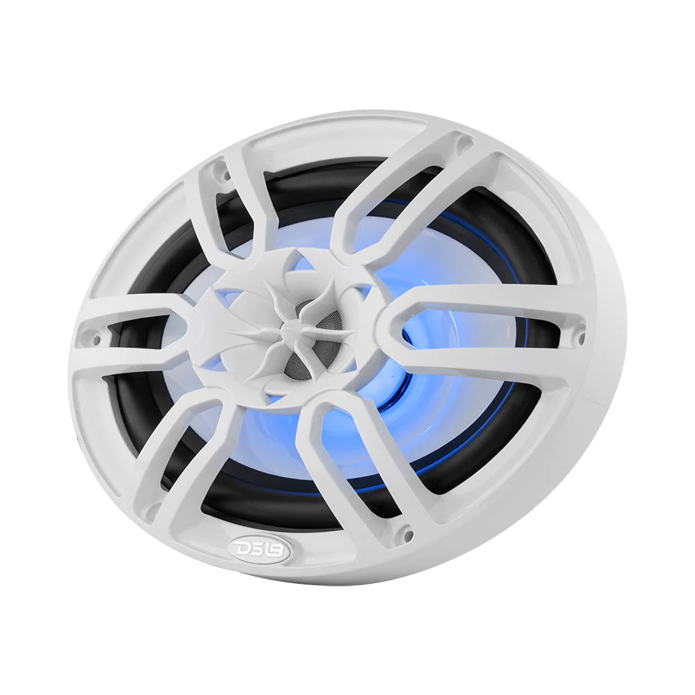 DS18 HYDRO 6 x 9" 2-Way Marine Speaker in white with integrated RGB LED lights, featuring a sleek design and powerful sound.