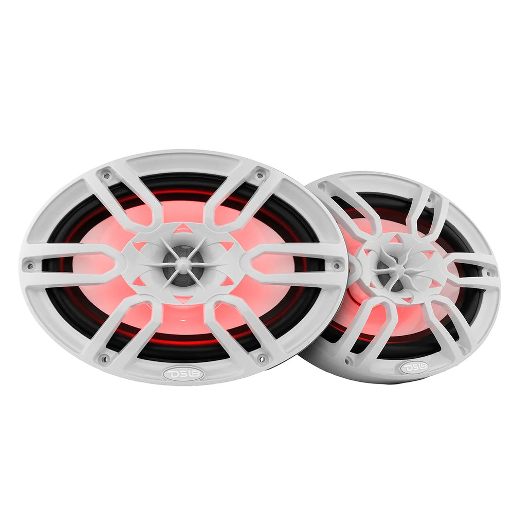 DS18 HYDRO 6 x 9" 2-way marine speakers in white with integrated RGB LED lights, featuring a sleek design and vibrant red ill