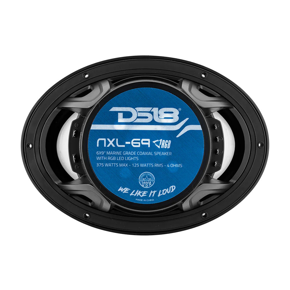 DS18 HYDRO 6 x 9" 2-Way Marine Speakers with integrated RGB LED lights, featuring a black design and 375W power output.