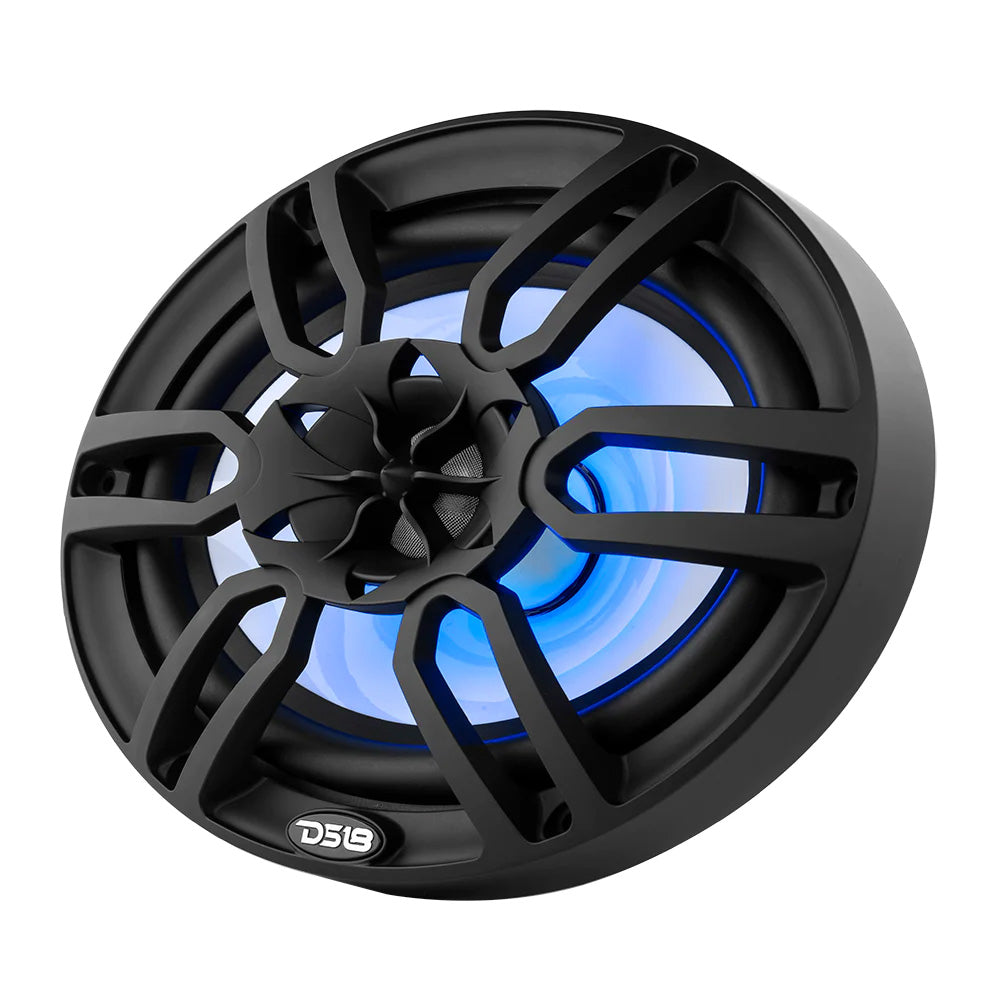 DS18 HYDRO 6 x 9" 2-Way Marine Speaker in black with integrated RGB LED lights, featuring a stylish design and 375W power.