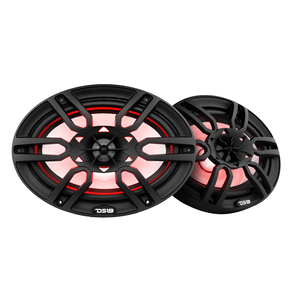 DS18 HYDRO 6 x 9" 2-Way Marine Speakers in black with integrated RGB LED lights, showcasing a sleek design and vibrant illumi