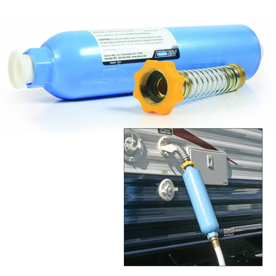 Camco TastePURE KDF/Carbon Water Filter w/Flexible Hose Protector [40043] - Besafe1st®  